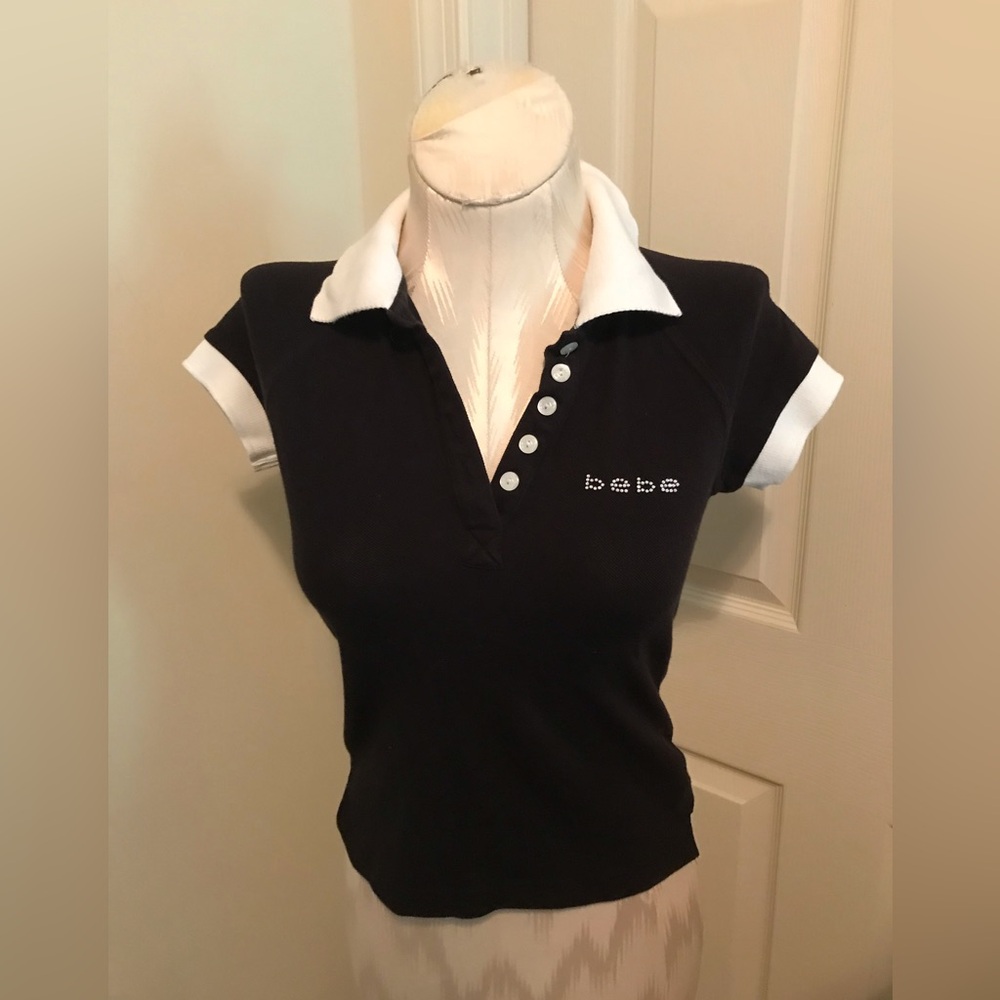 bebe polo black/white with signature rhinestone size Small s/s